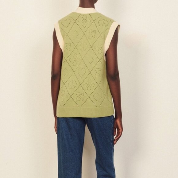 Sandro Paris Espoir Oversized Perforated Wool Cardigan Vest Sage Green Sz 1 / S - Picture 15 of 16